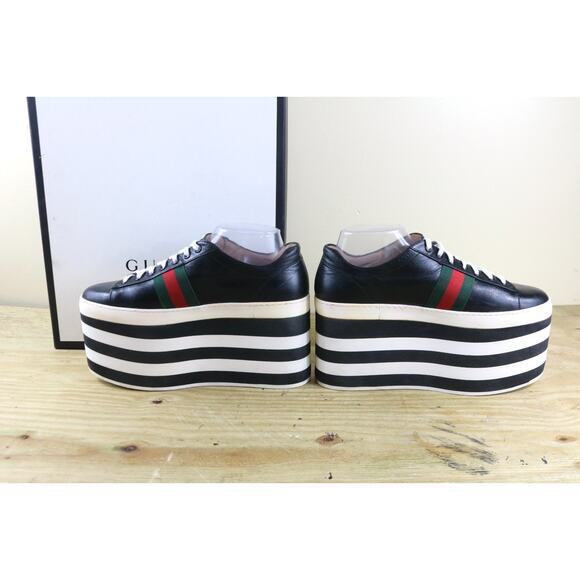 Gucci Sneakers Womens 10.5B Black Leather Peggy Platform Striped Shoes Italy - Picture 5 of 15